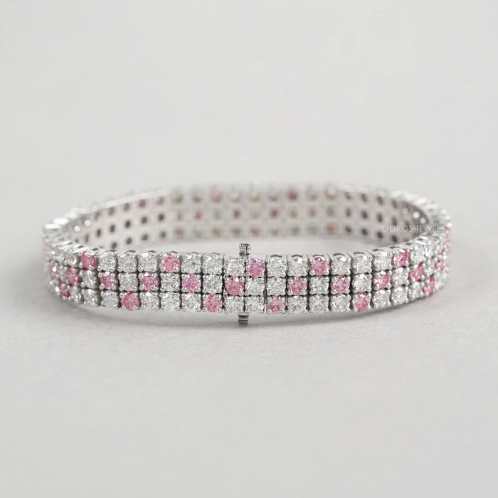 Three Row Pink Round Diamond Tennis Bracelet