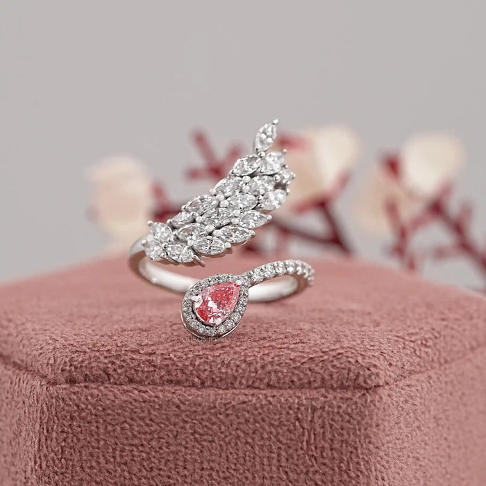 Pink Pear And Marquise Cut Diamond Leaves Style Bypass Ring