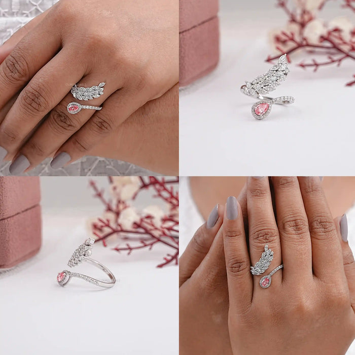 Pink Pear And Marquise Cut Diamond Leaves Style Bypass Ring