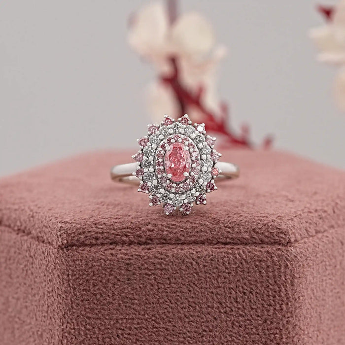 Pink Oval Cut Lab Diamond Double Halo Engagement Ring