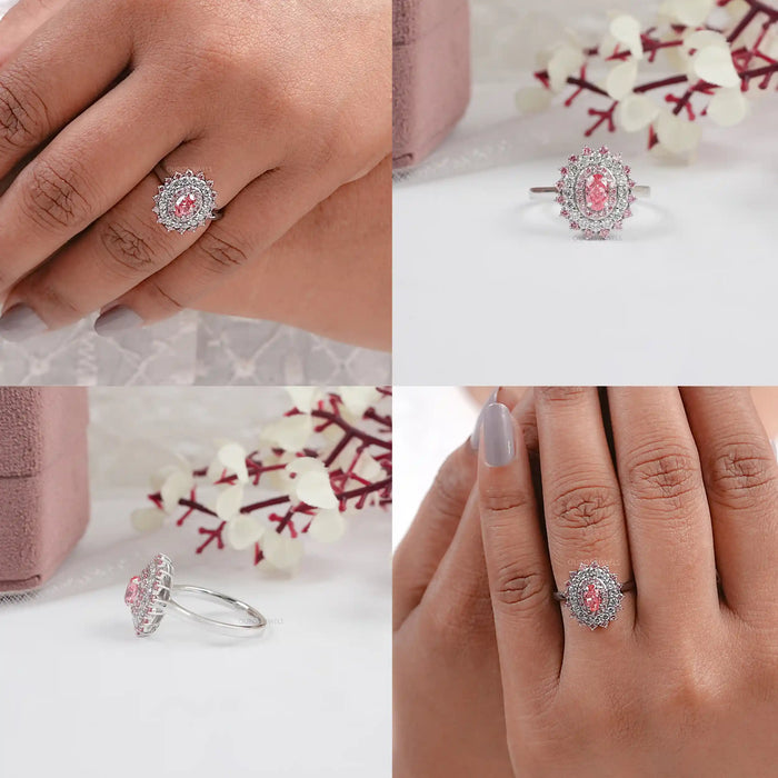 Pink Oval Cut Lab Diamond Double Halo Engagement Ring
