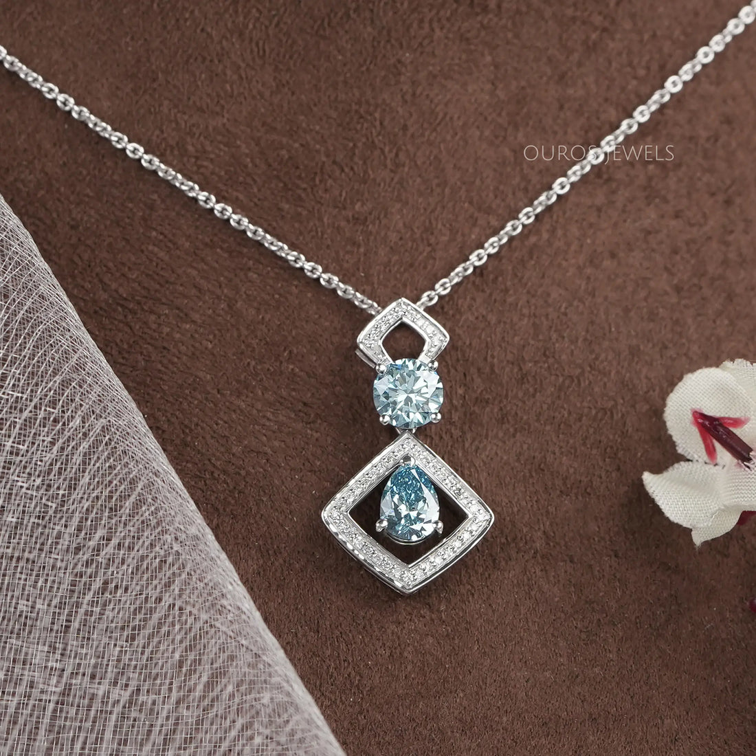 Blue Pear Diamond Halo Floating Pendant Necklaces