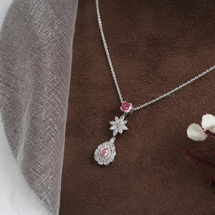 Pink Pear Diamond Double Halo Drop Pendant