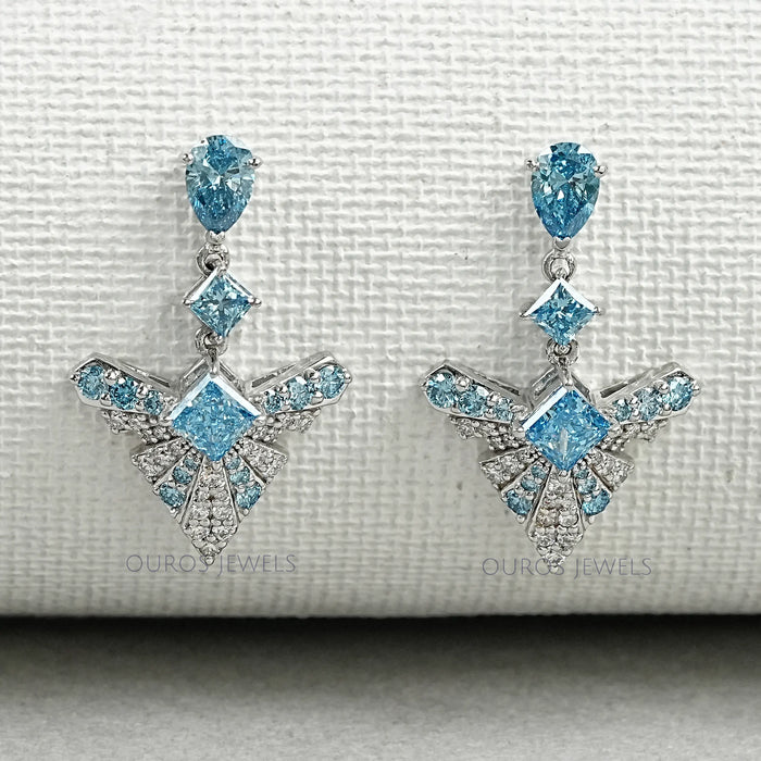 Blue Pear & Princess Cut Diamond Drop Earrings