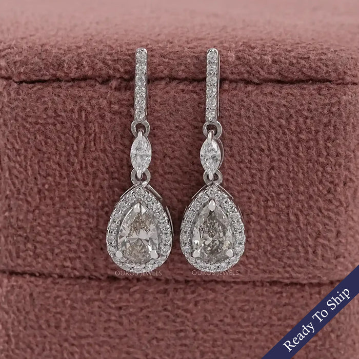 Olive Pear Lab Diamond Halo Drop Earrings