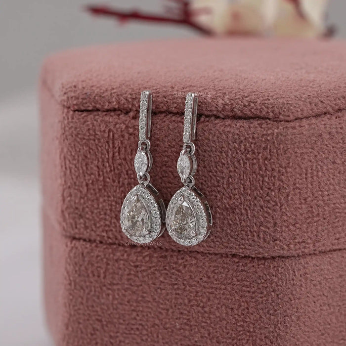 Olive Pear Lab Diamond Halo Drop Earrings