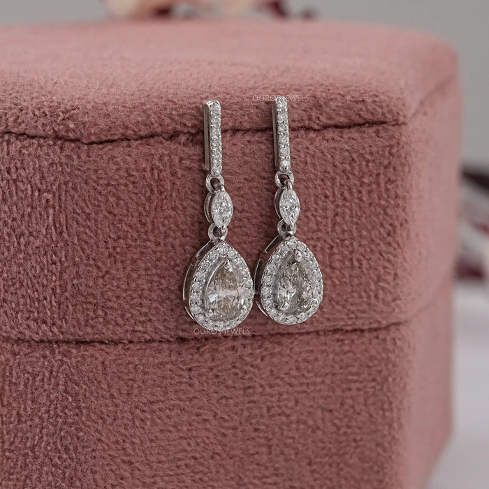 Olive Pear Lab Diamond Halo Drop Earrings