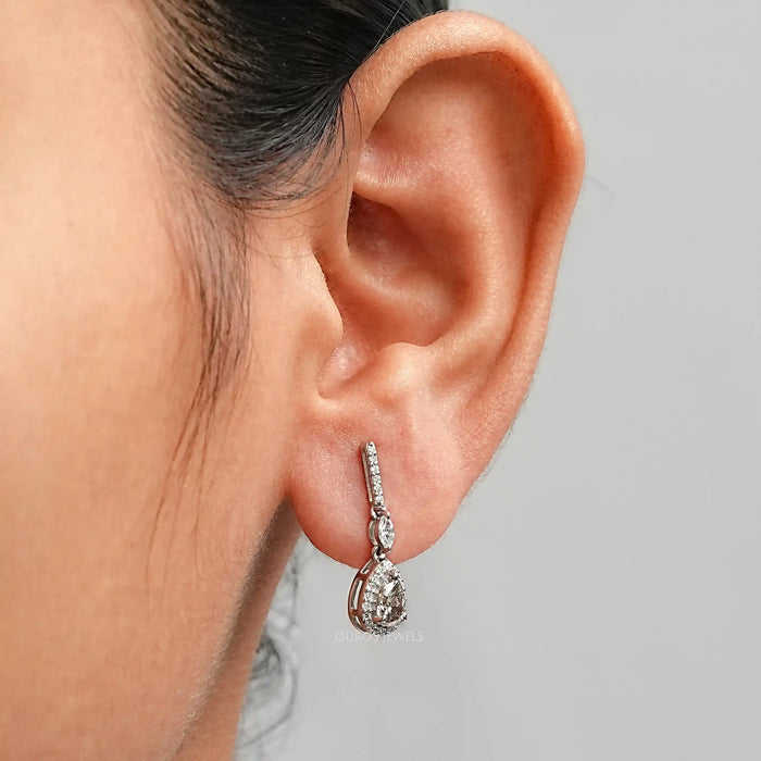 Olive Pear Lab Diamond Halo Drop Earrings