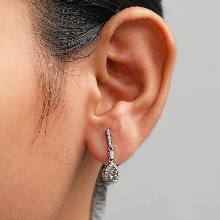 Olive Pear Lab Diamond Halo Drop Earrings