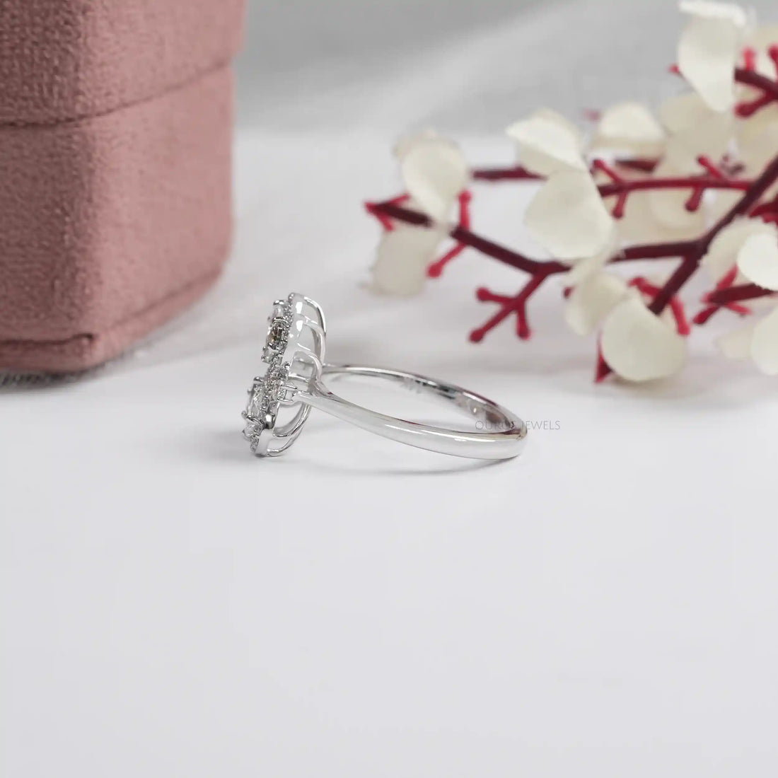 Olive Pear Shape Lab Diamond Floral Style Halo Ring Ring