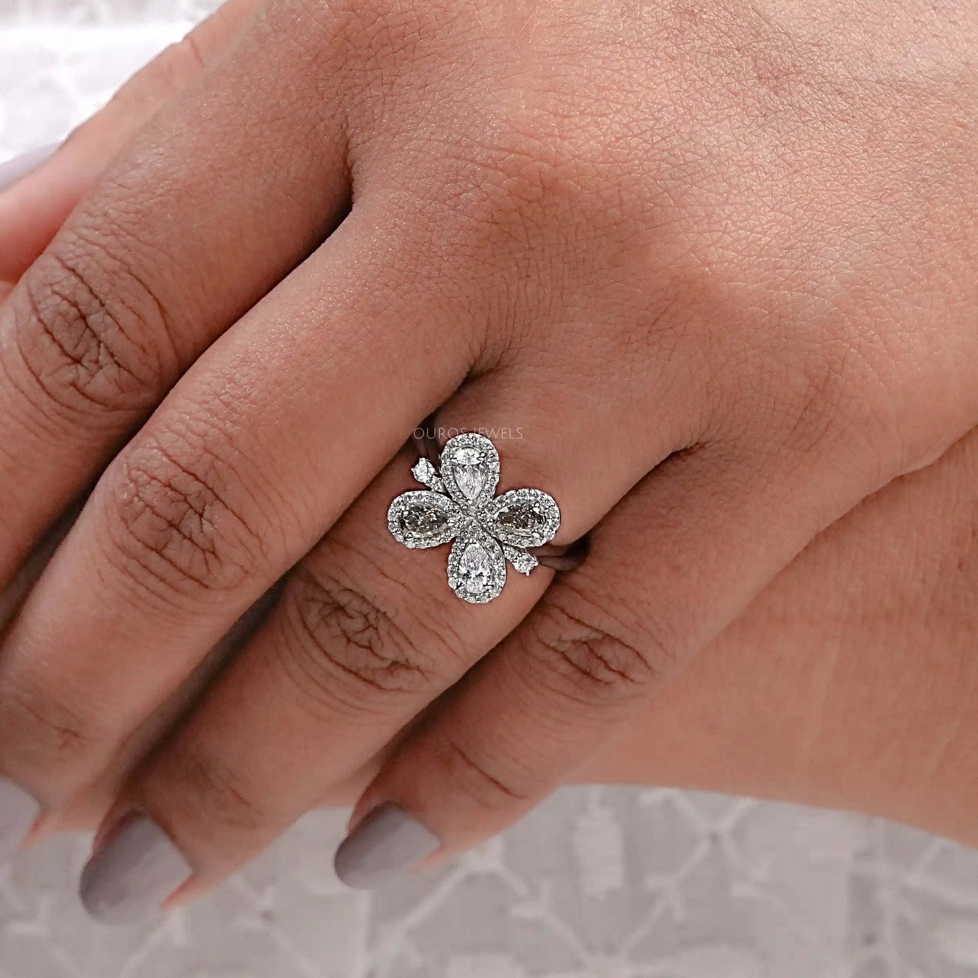 Olive Pear Shape Lab Diamond Floral Style Halo Ring Ring