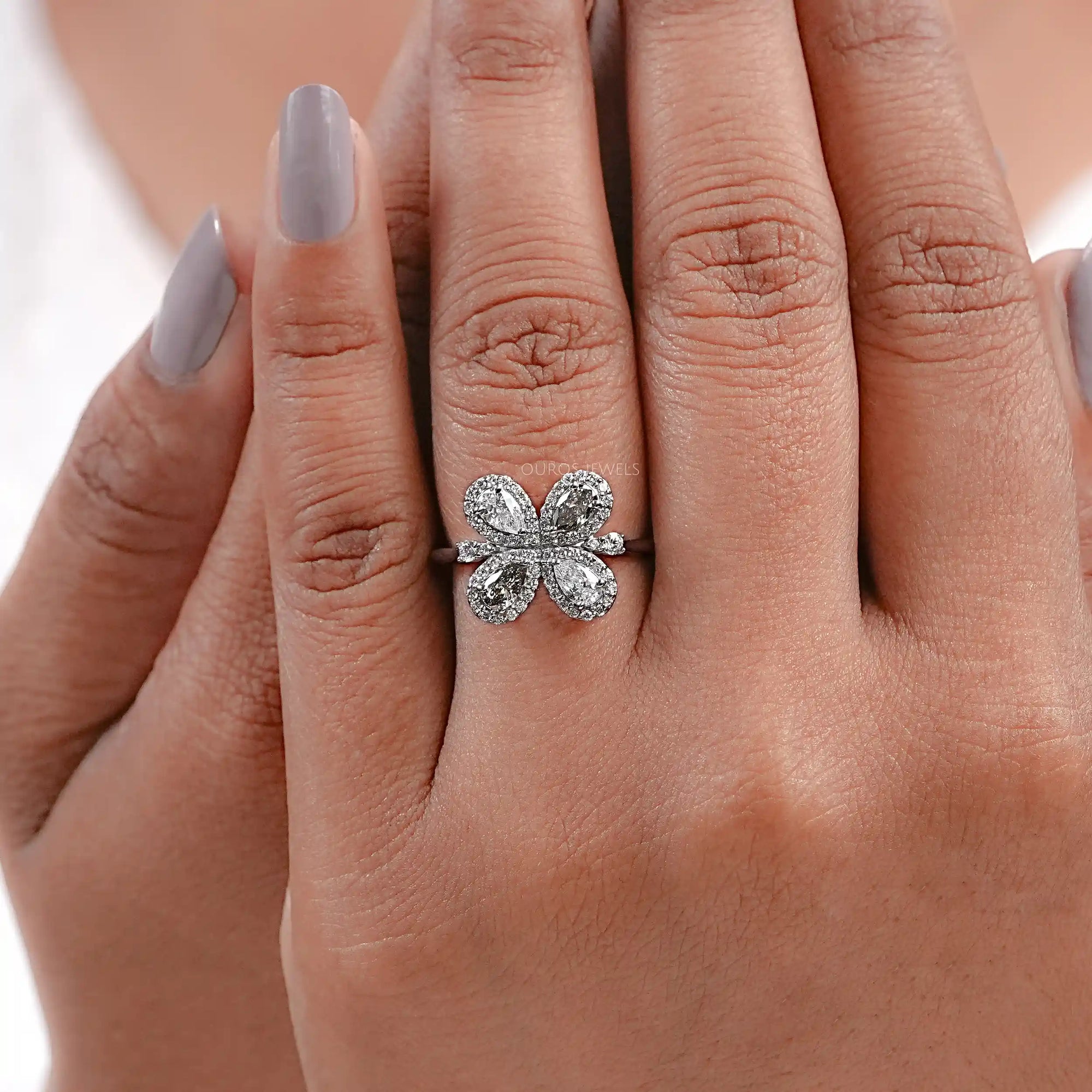 Olive Pear Shape Lab Diamond Floral Style Halo Ring Ring