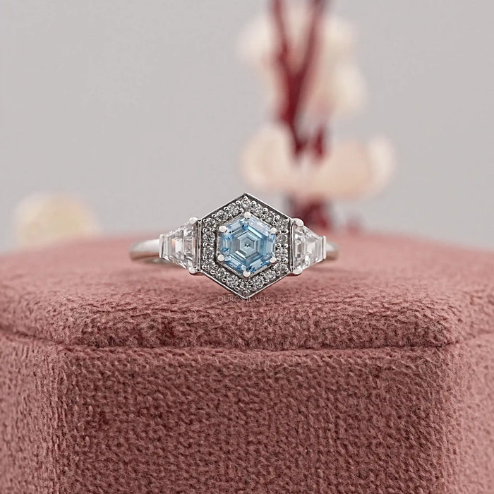 Blue Hexagon Cut Lab Diamond Three Stone Halo Ring