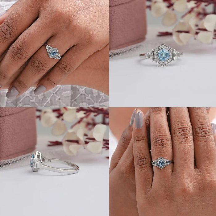 Blue Hexagon Cut Lab Diamond Three Stone Halo Ring