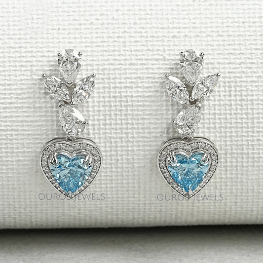 Blue Heart Halo Diamond Dangle Earrings Earrings