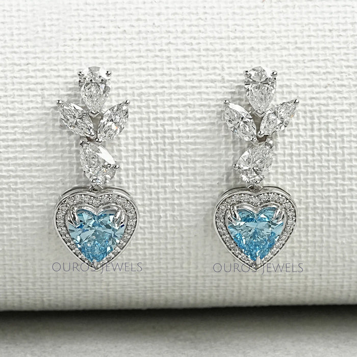 Blue Heart Diamond Halo Dangle Earrings