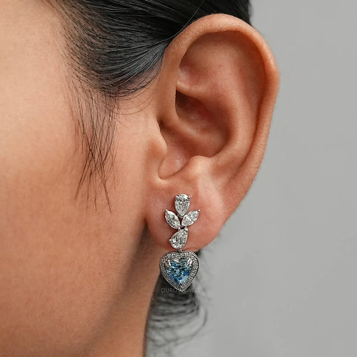Blue Heart Lab Diamond Halo Drop Earrings