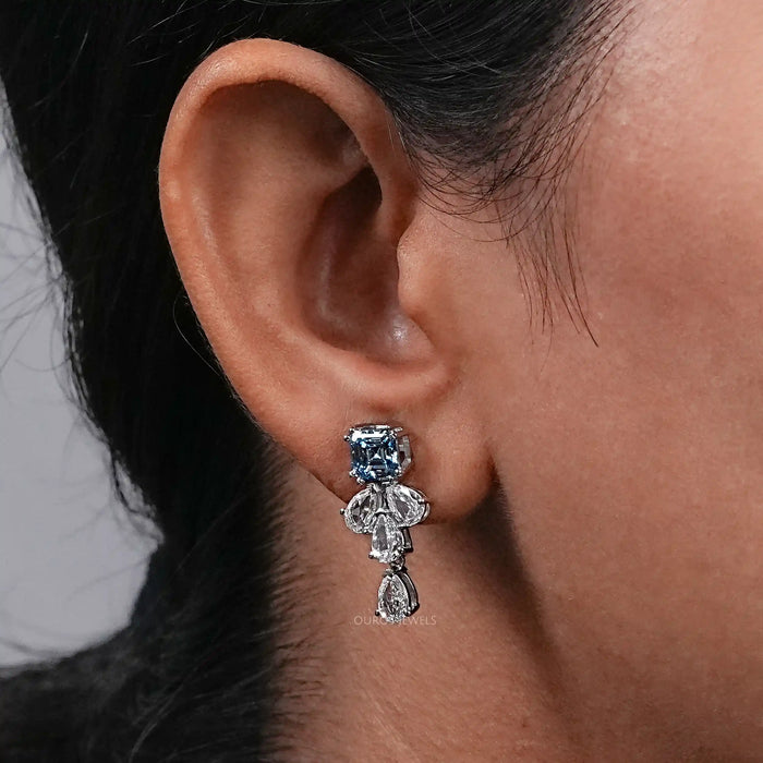 Blue Asscher Lab Diamond Drop Earrings