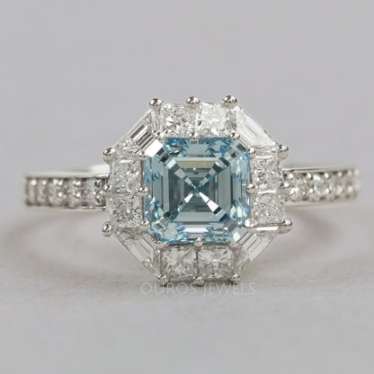Fancy Blue Asscher Cut Halo With Accent Lab Diamond Ring Rings
