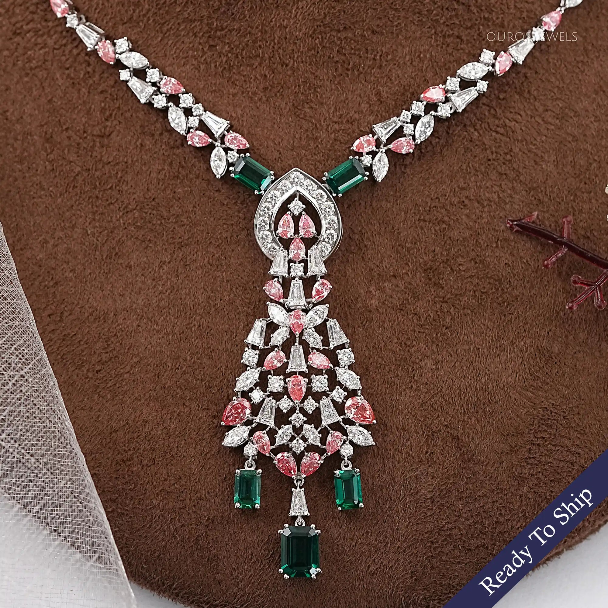 Pink Pear Diamond and Emerald Gemstone Bridal Necklace Necklaces