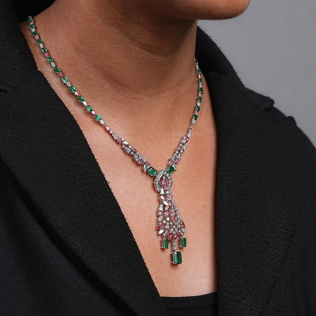 Pink Pear Diamond and Emerald Gemstone Bridal Necklace Necklaces