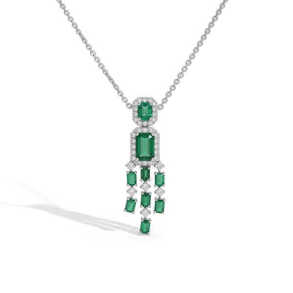 Green Emerald Halo Diamond Chandelier Necklace