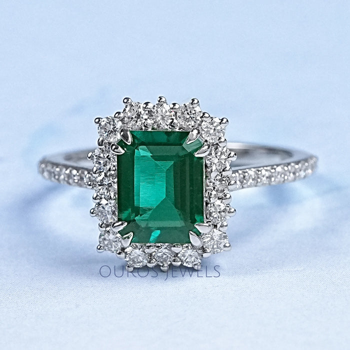 Halo With Accent Diamond Green Emerald Gemstone Ring