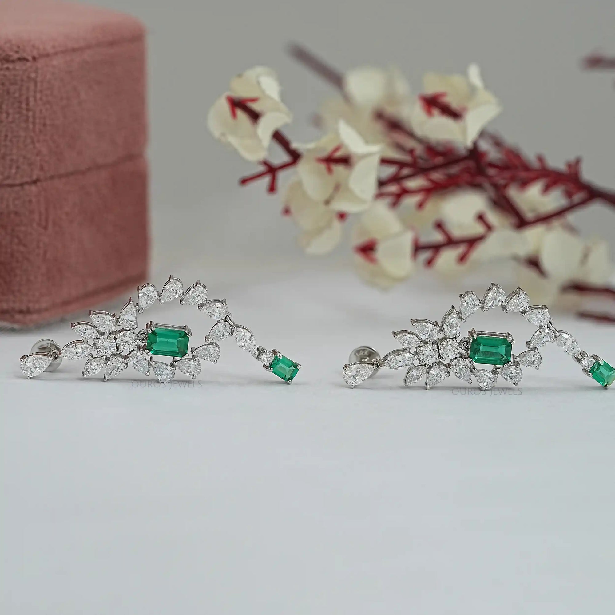 Green Emerald And Lab Diamond Dangle Earrings Earrings