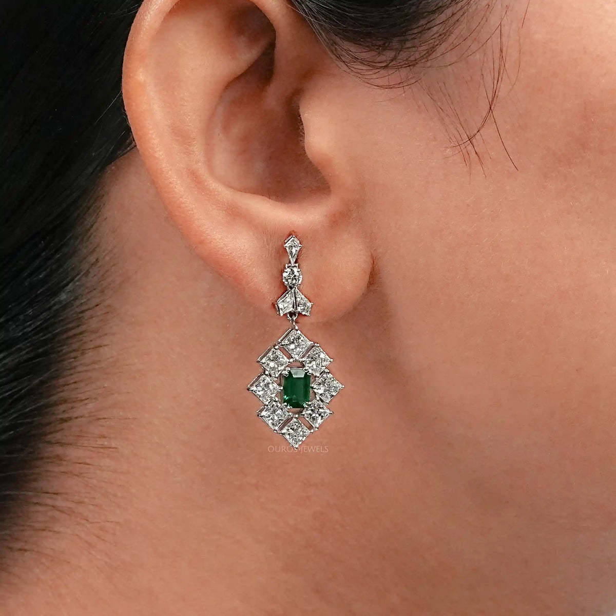 Green Emerald And Princess Diamond Halo Earrings Earrings