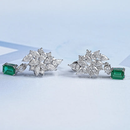 Diamond Cluster Drop Emerald Earrings