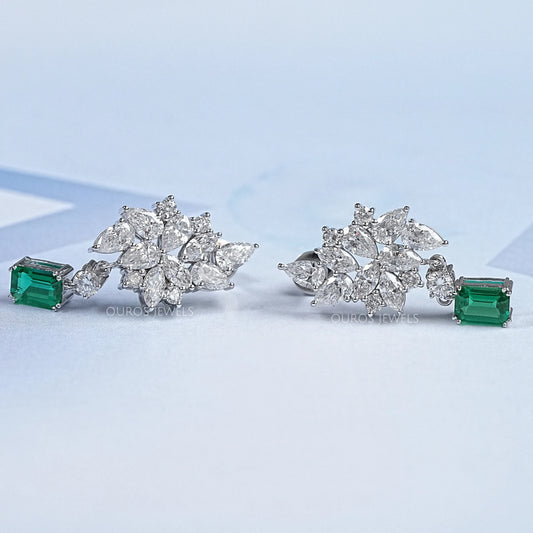 Diamond Cluster Drop Emerald Earrings