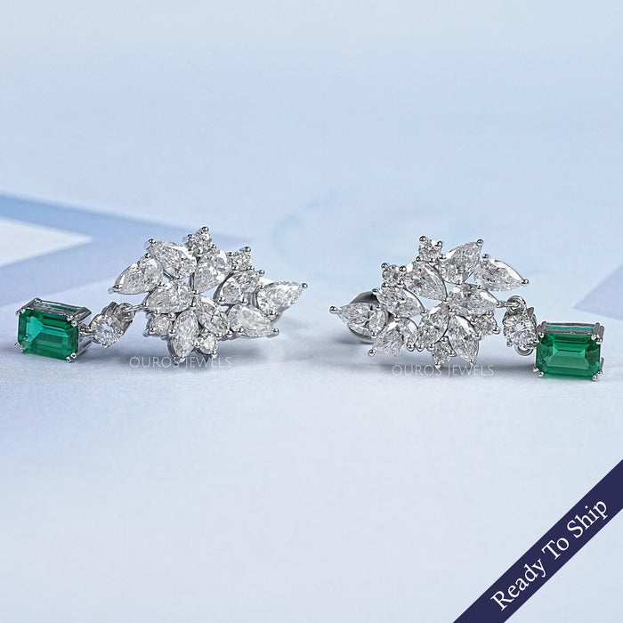 Green Emerald And Lab Diamond Cluster Drop Earrings