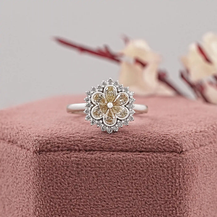 Yellow Pear Cut Lab Diamond Bezel Set Floral Style Halo Ring
