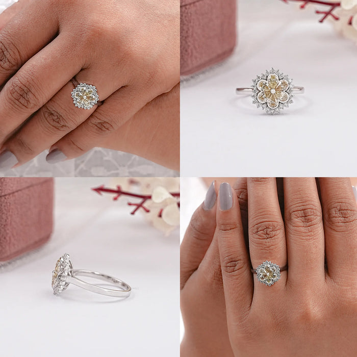 Yellow Pear Cut Lab Diamond Bezel Set Floral Style Halo Ring