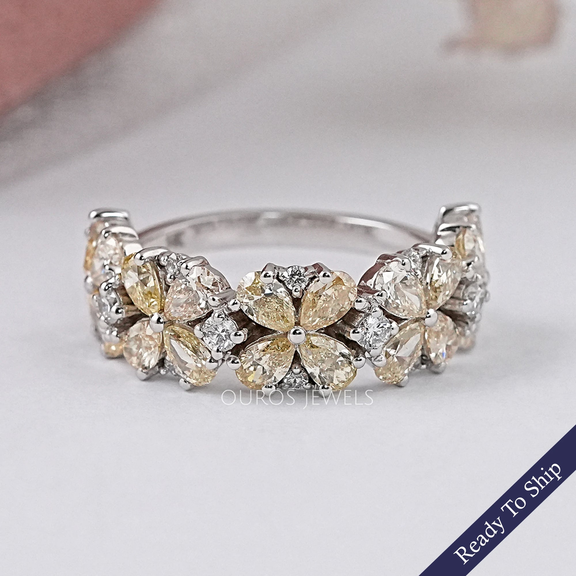 Yellow Pear Shape Floral Style Half Eternity Diamond Band Ring