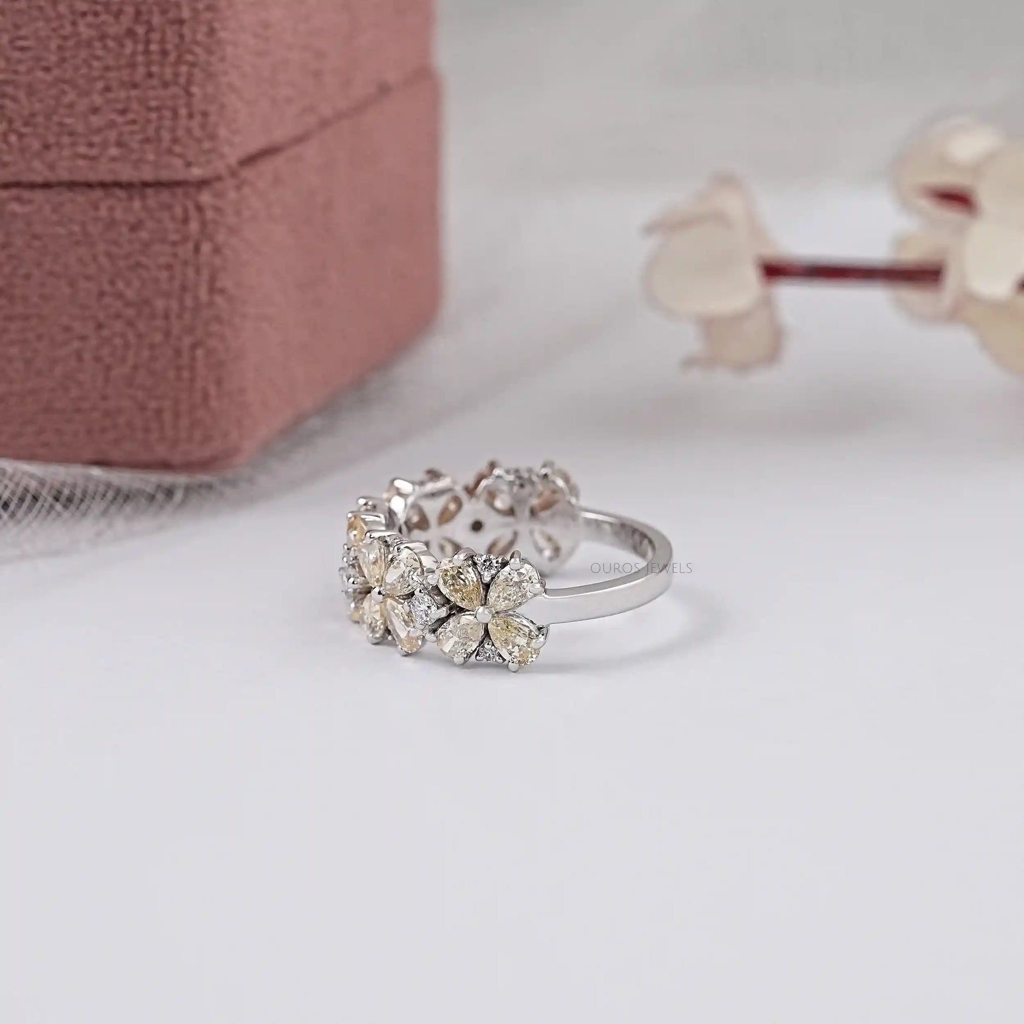 Yellow Pear Shape Floral Style Half Eternity Diamond Band Ring