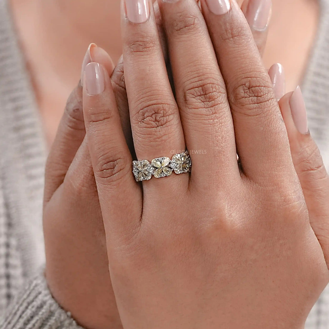 Yellow Pear Shape Floral Style Half Eternity Diamond Band Ring