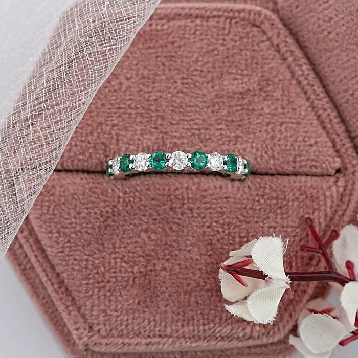 Emerald Gemstone And Round Diamond Wedding Band