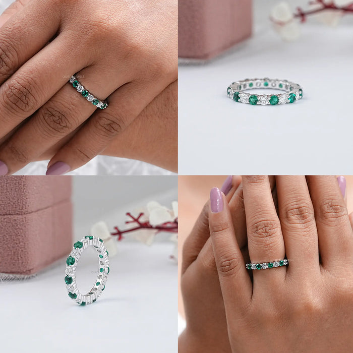 Emerald Gemstone And Round Diamond Wedding Band