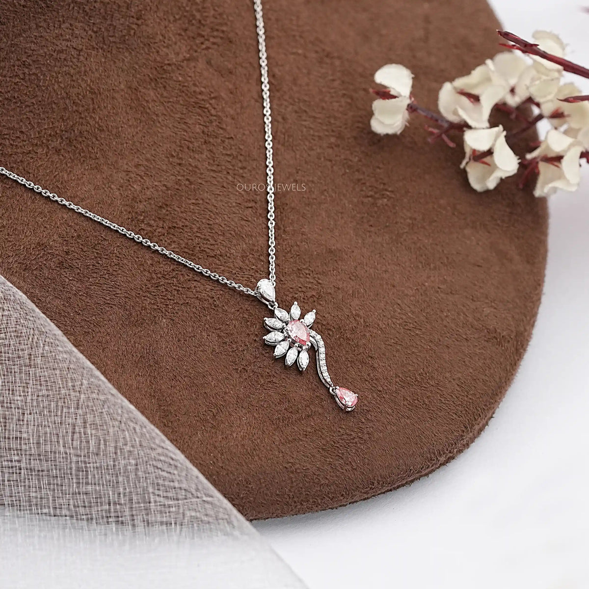 Pink Pear Lab Diamond Flower Shape Pendant Necklaces