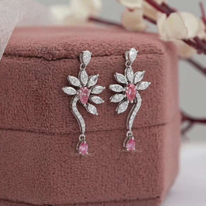 Pink Pear And Marquise Diamond Flower Drop Earrings