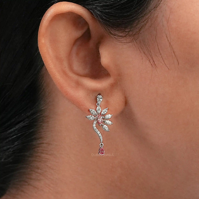 Pink Pear And Marquise Diamond Flower Drop Earrings