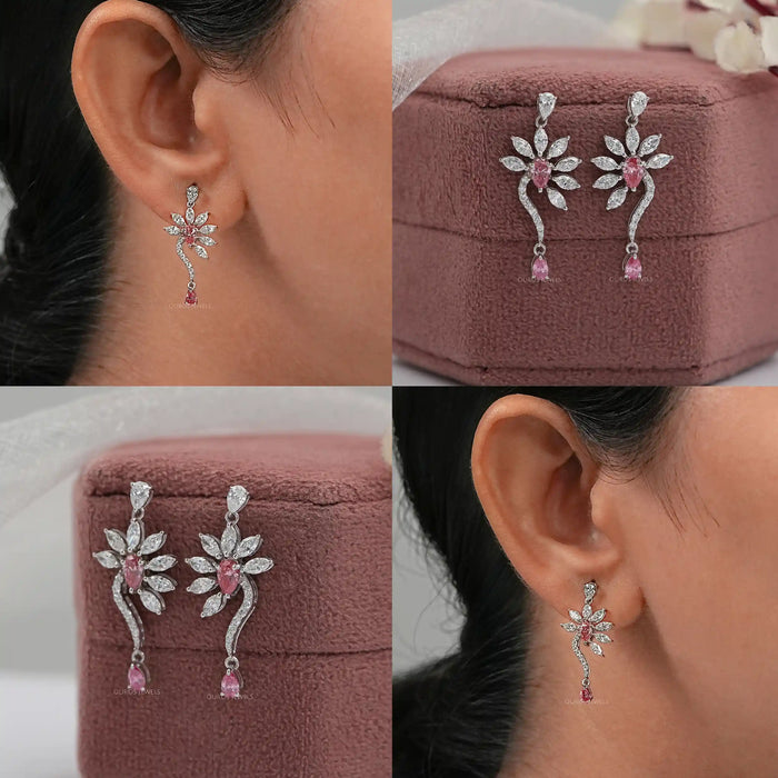 Pink Pear And Marquise Diamond Flower Drop Earrings