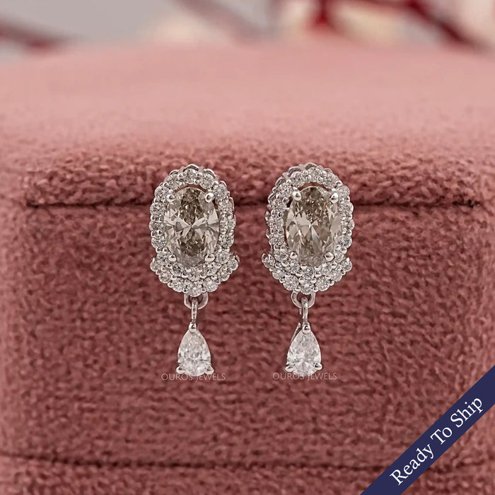 Olive Oval Diamond Halo Drop Earrings