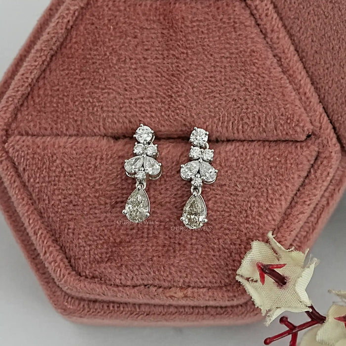 Olive Pear And Round Diamond Drop Earrings