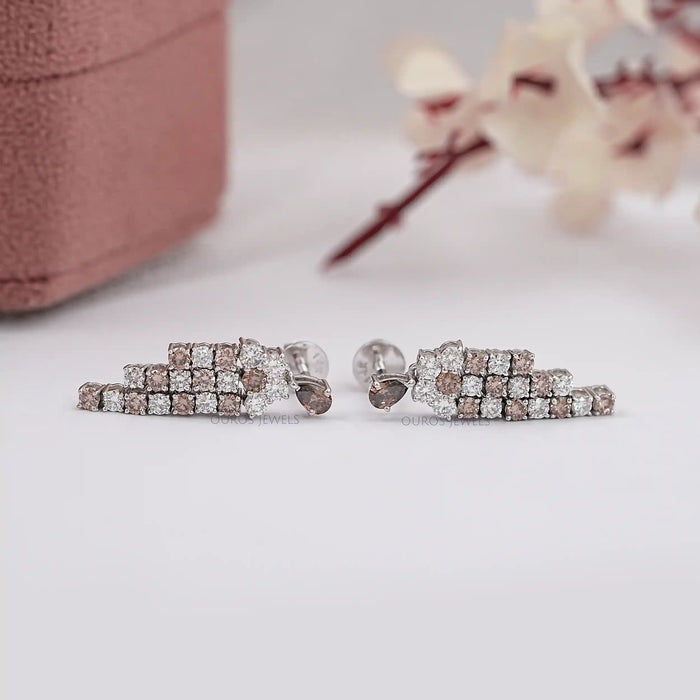 Brown Pear And Round Diamond Dangle Earrings