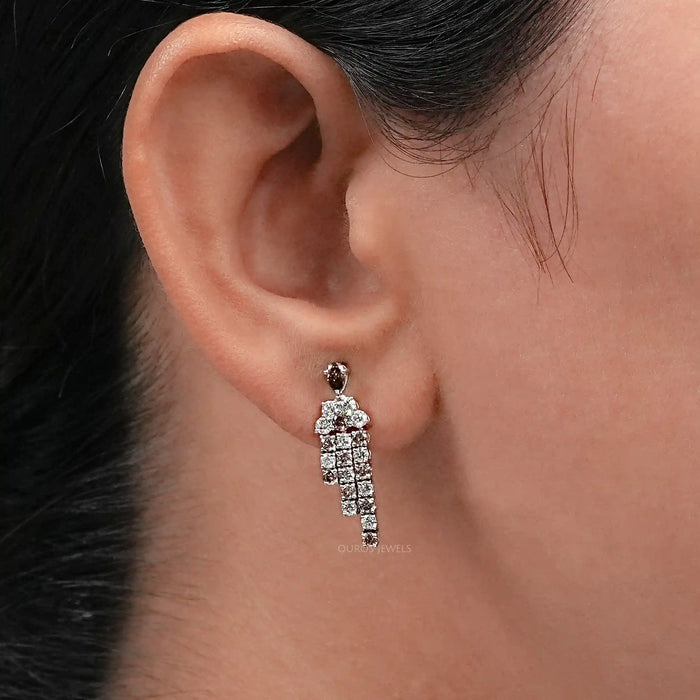 Brown Pear And Round Diamond Dangle Earrings