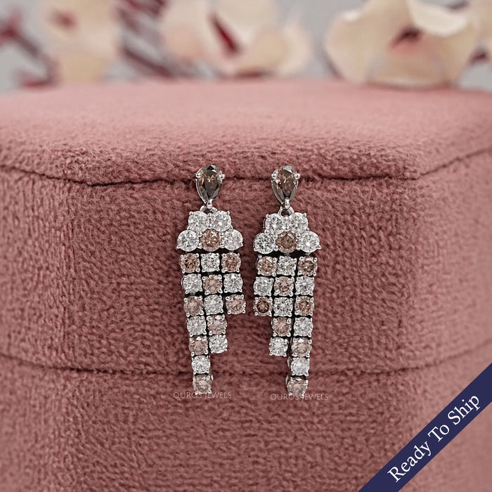 Brown Pear And Round Diamond Dangle Earrings