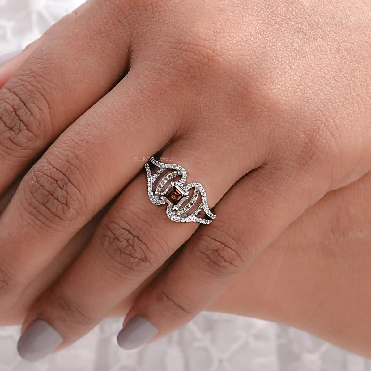 Brown Asscher Cut Lab Diamond Split Shank Accent Ring Ring