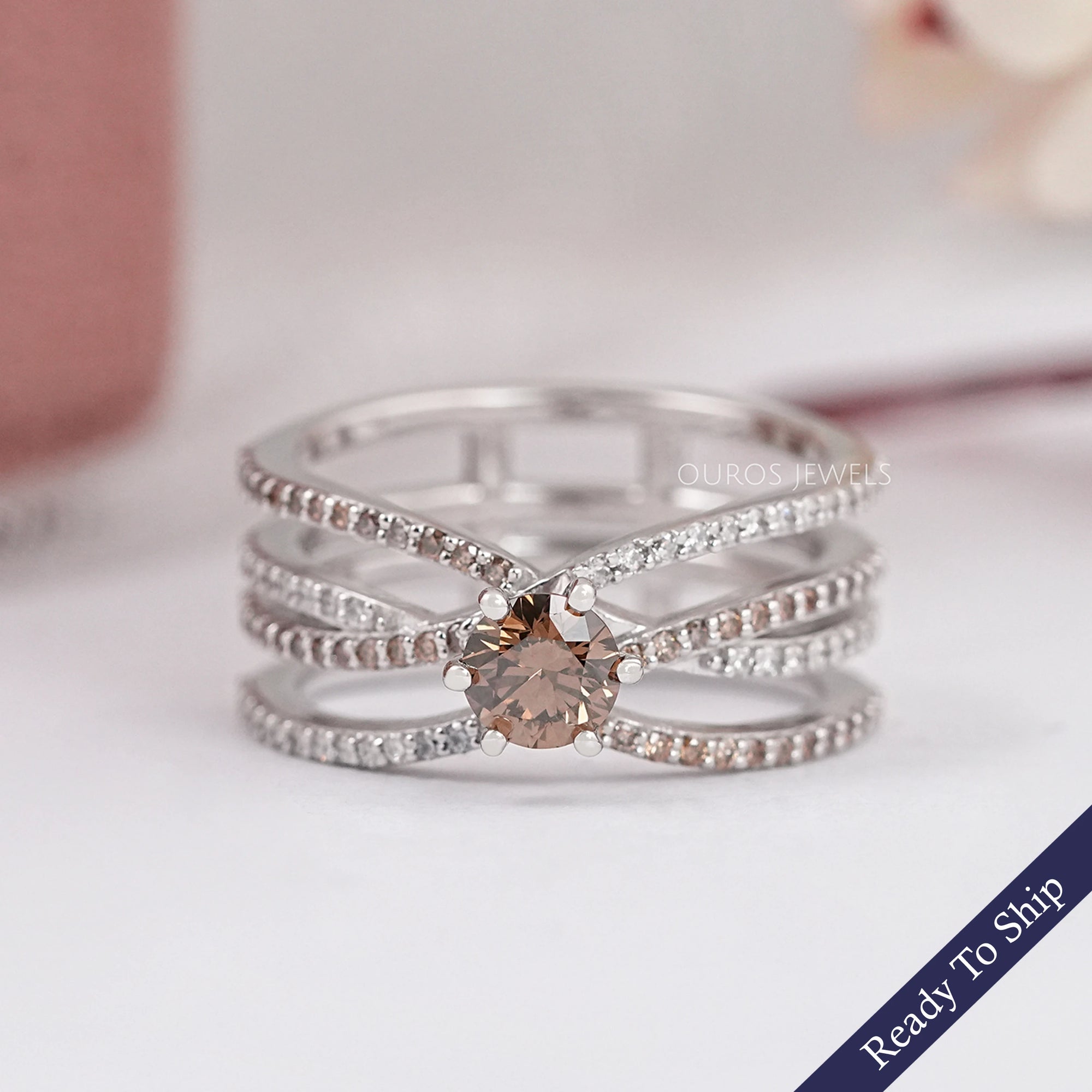 Brown Round Diamond Crossover Wedding Ring Ring